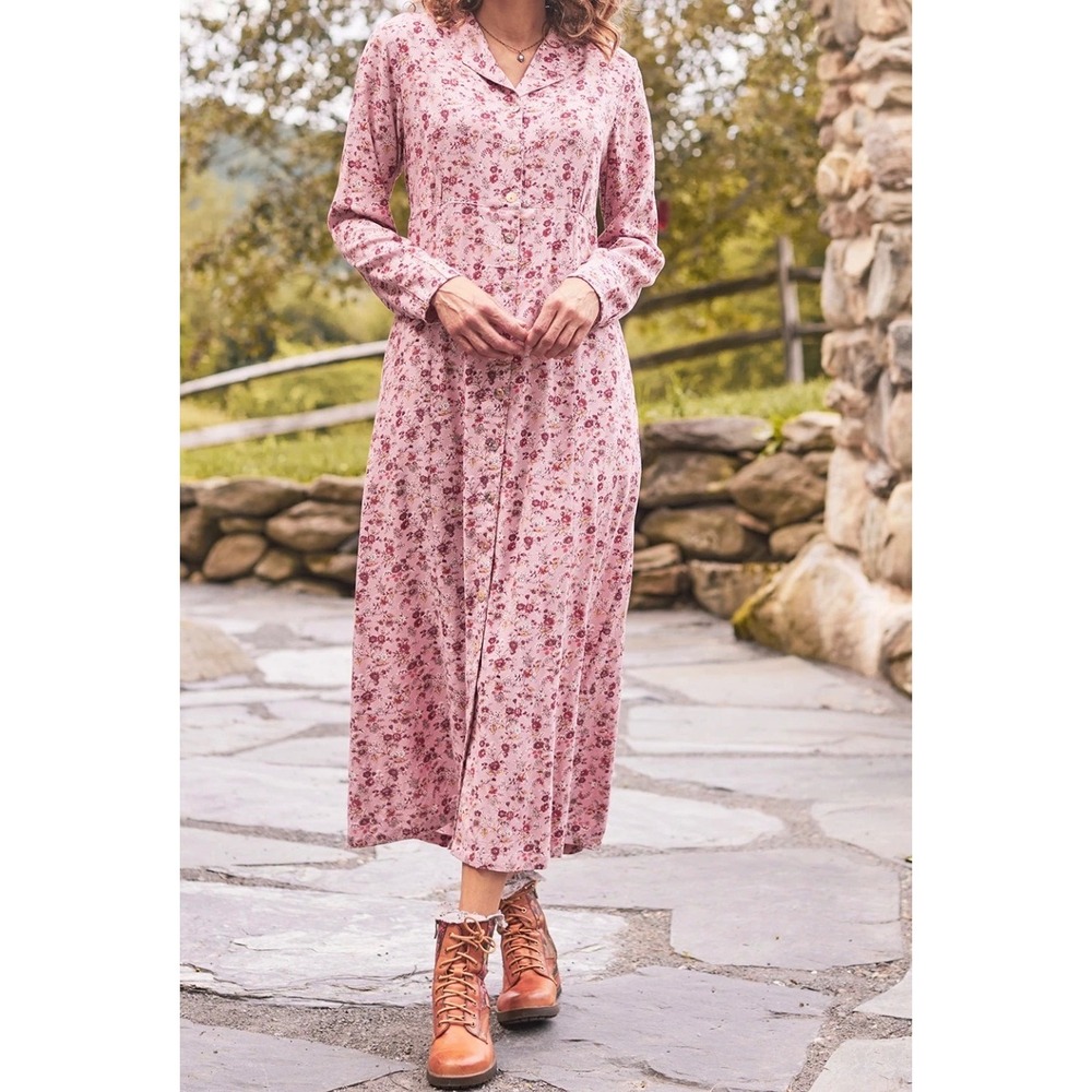 APRIL CORNELL Milli Pink Rose Floral Prarie Cottagecore Tie Back Maxi Dress XS